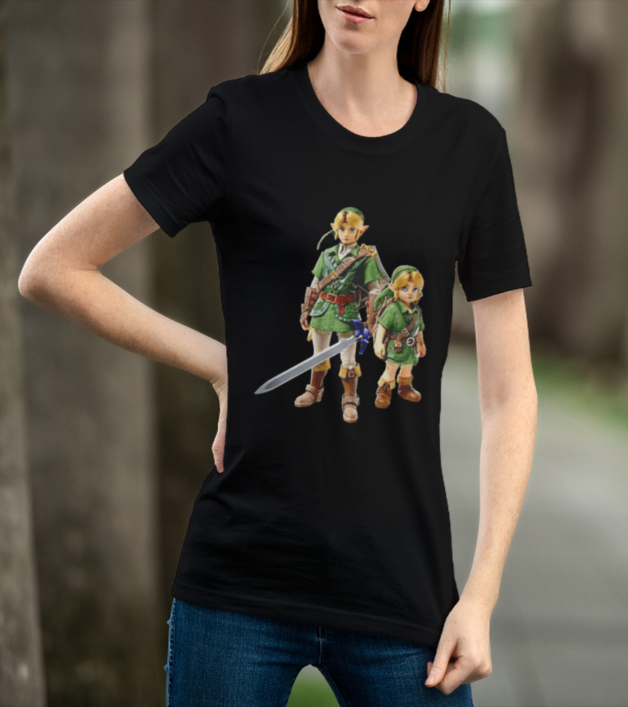 Adult And Young Link Green Tunic Warrior Sword Shield Render T-Shirt