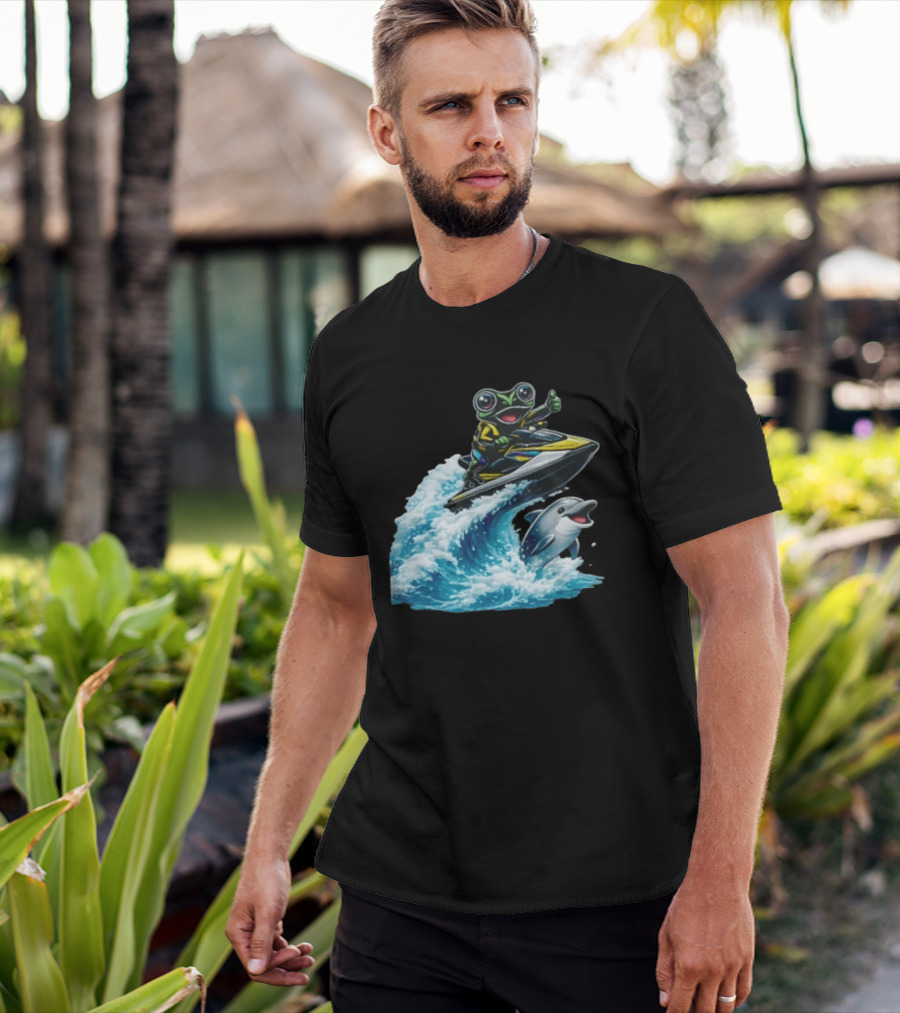 Cartoon Frog Thumbs Up Riding Jet Ski With Dolphin On Ocean Wave T-Shirt