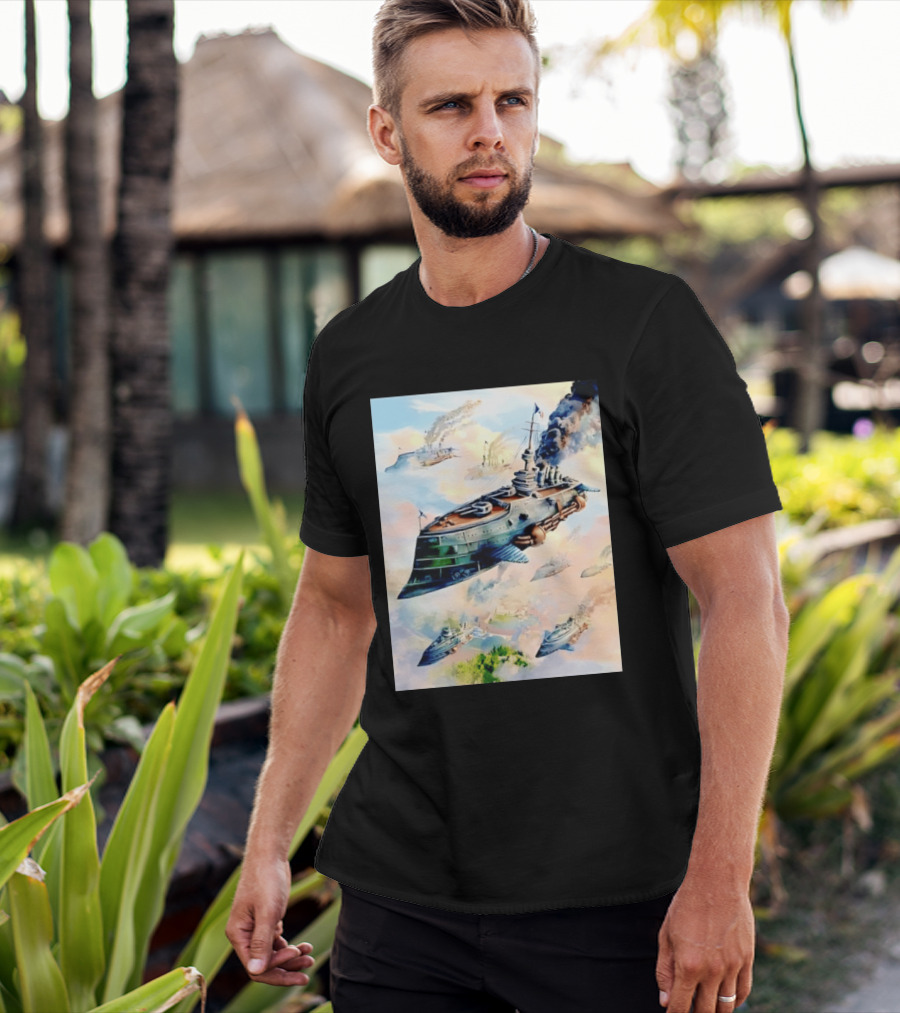 Steampunk Flying Battleship Armada Soaring Through The Clouds T-Shirt