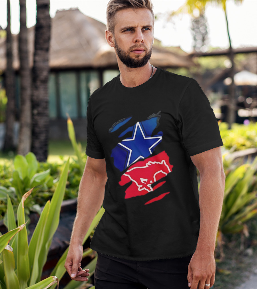 Dallas Cowboys Star And SMU Mustangs Red Ripped Effect T-Shirt