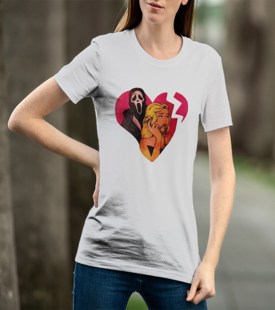 Cartoon Blonde Woman Ghostface Broken Pink Heart Knife Phone T-Shirt