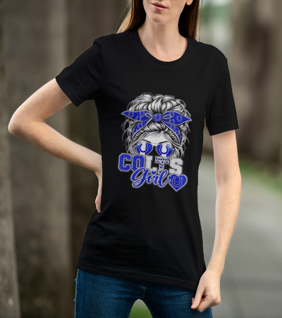 Indianapolis Colts Girl Messy Bun Blue Bandana Sunglasses Fan T-Shirt