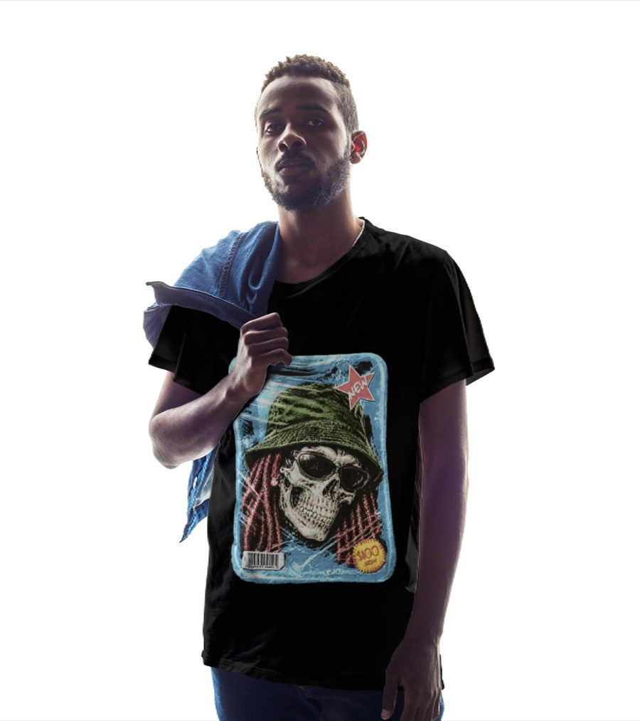 Skull With Dreadlocks Wearing Green Bucket Hat Sunglasses New Star Label T-Shirt