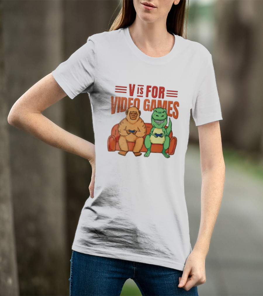 V Is For Video Games Sasquatch Dinosaur Couch Controllers Cartoon T-Shirt