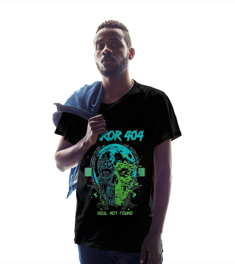 Error 404 Soul Not Found Cyber Skull Glitch Retro Tech Aesthetic T-Shirt