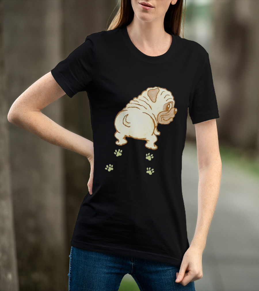 Pug Looking Back With Paw Prints Dog Cute Canine T-Shirt