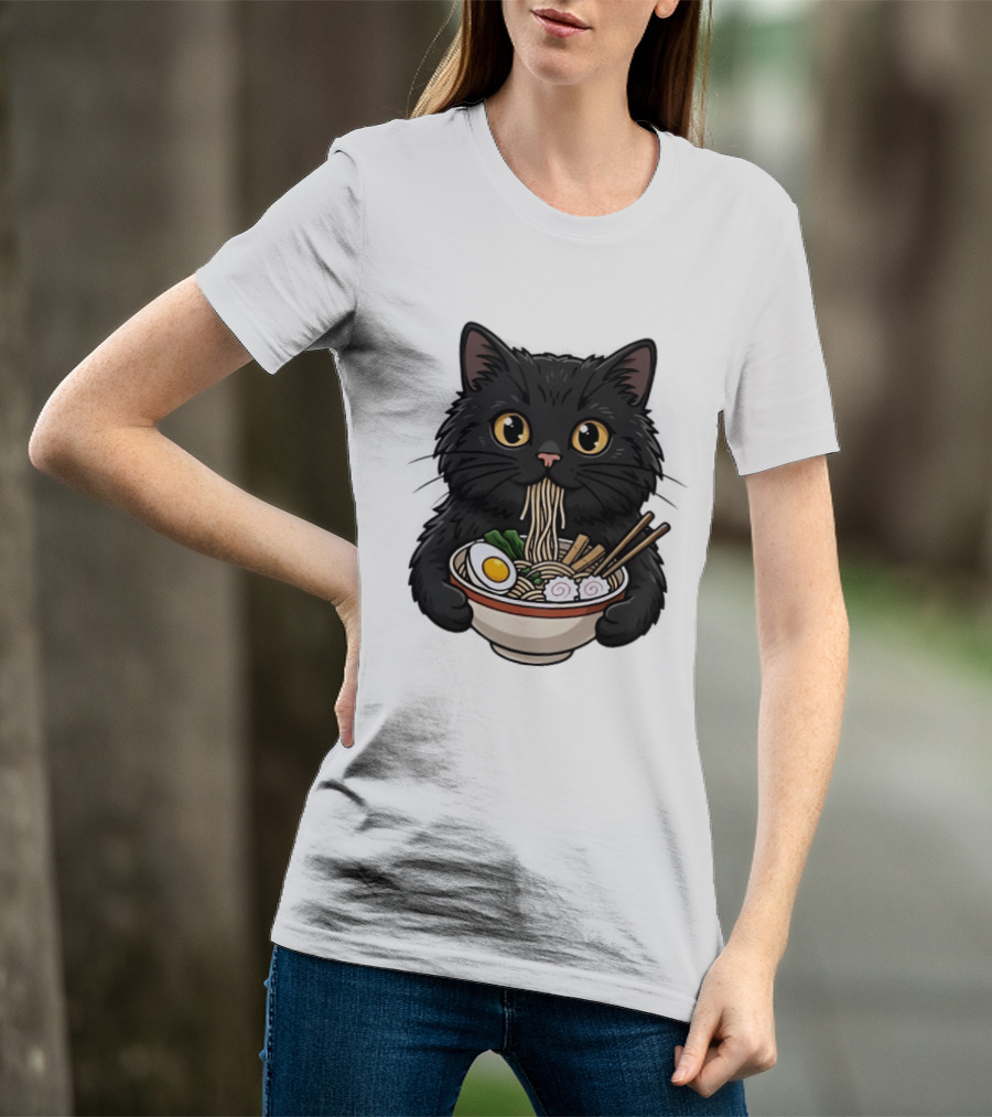 Black Cat Enjoying Ramen Noodles Anime T-Shirt
