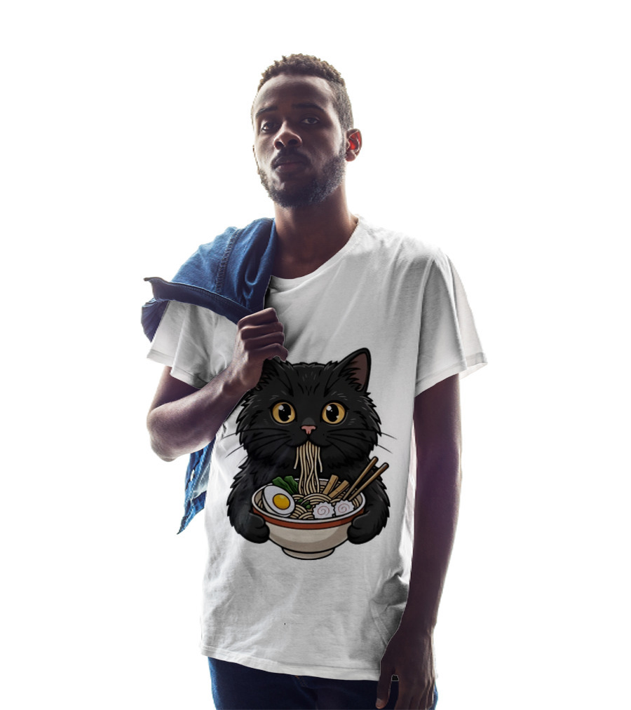 Black Cat Enjoying Ramen Noodles Anime T-Shirt
