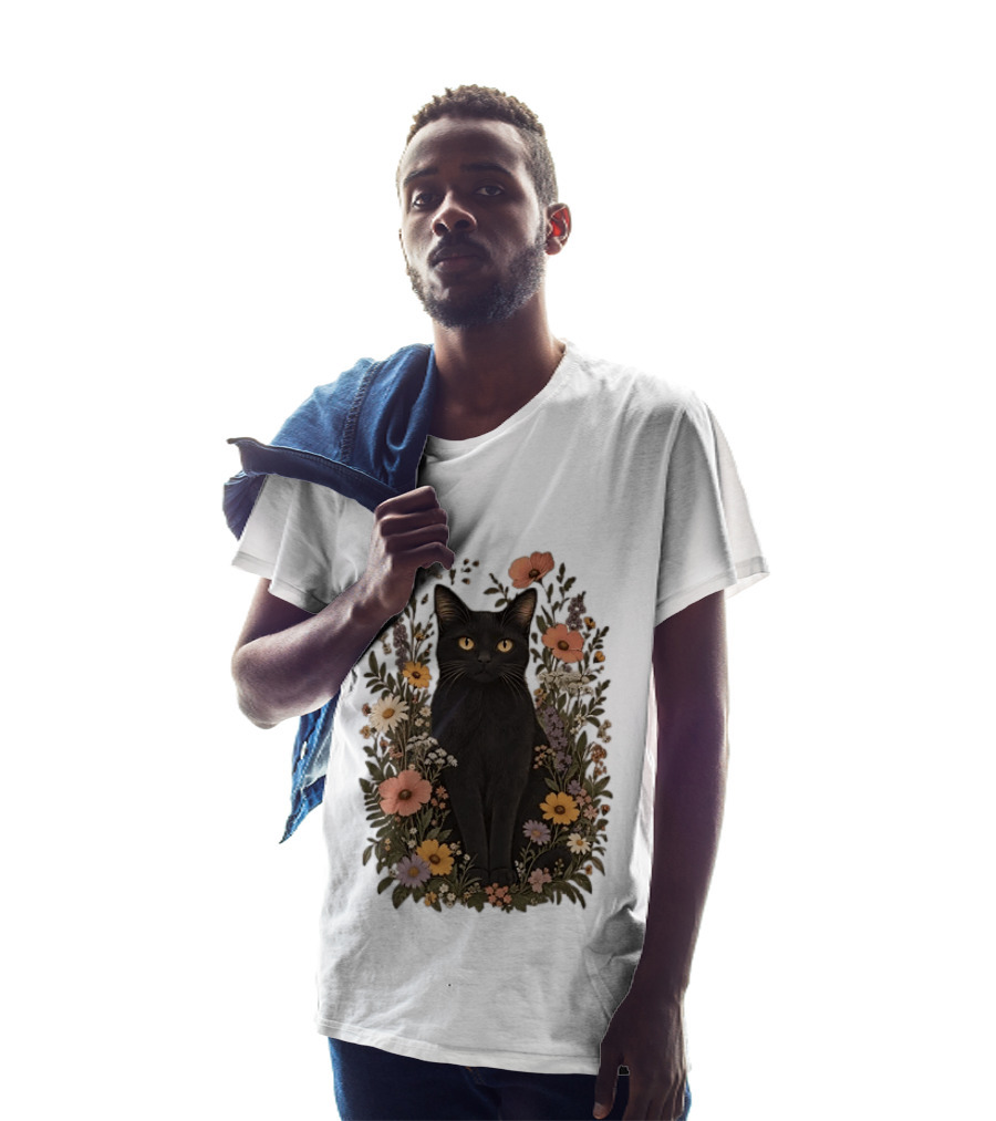 Black Cat In Blooming Garden Of Wildflowers T-Shirt