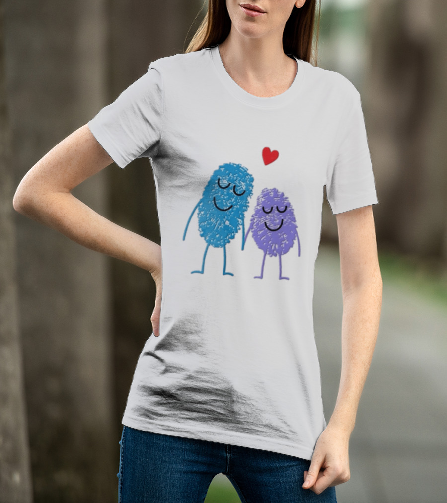 Blue Purple Fingerprint Characters Holding Hands Red Heart Cartoon T-Shirt