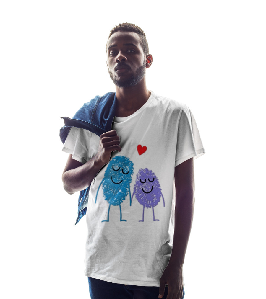 Blue Purple Fingerprint Characters Holding Hands Red Heart Cartoon T-Shirt