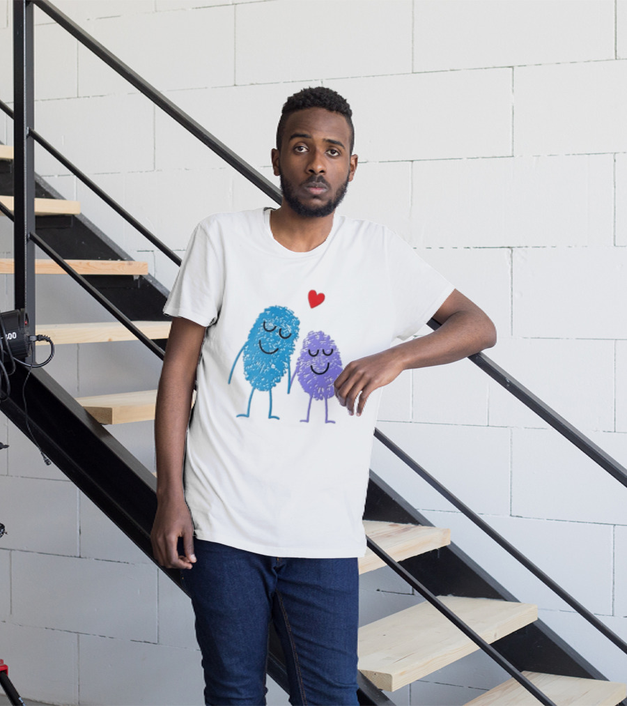 Blue Purple Fingerprint Characters Holding Hands Red Heart Cartoon T-Shirt