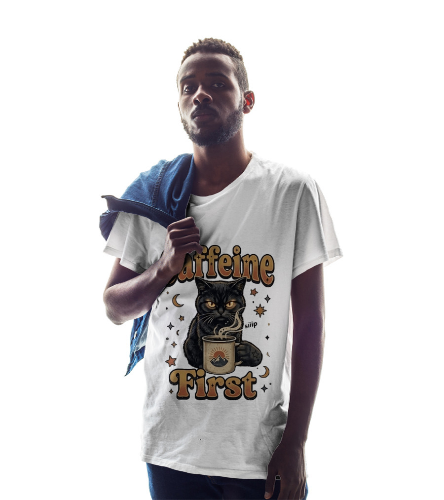 Caffeine First Cat With Coffee Moon Stars T-Shirt