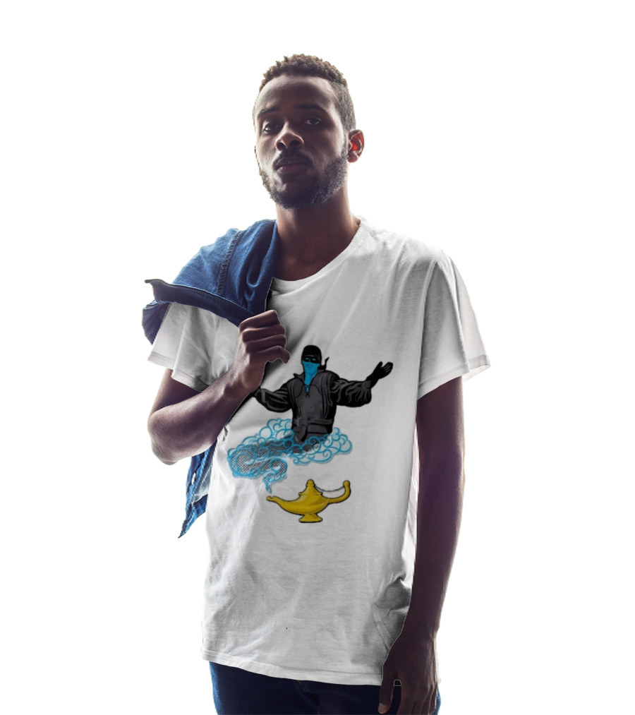 Dread Pirate Roberts Genie Man In Black With Golden Magic Lamp Halftone Cartoon T-Shirt