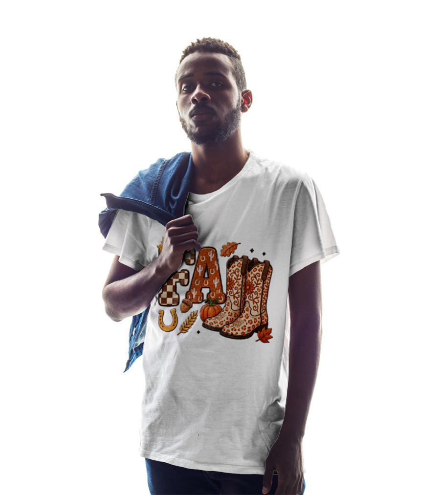 Fall Western Cowboy Boots Pumpkin Horseshoe Wheat Harvest Season T-Shirt