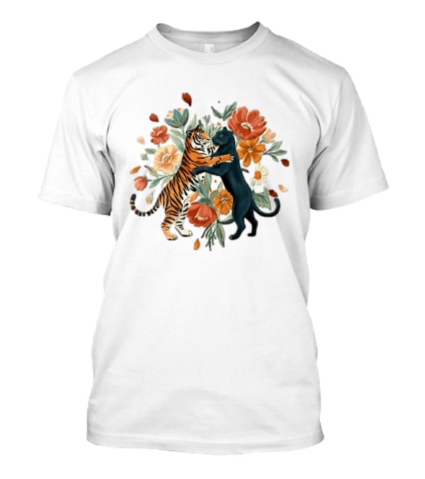 Tiger Black Panther Embrace Floral Bouquet Watercolor T-Shirt