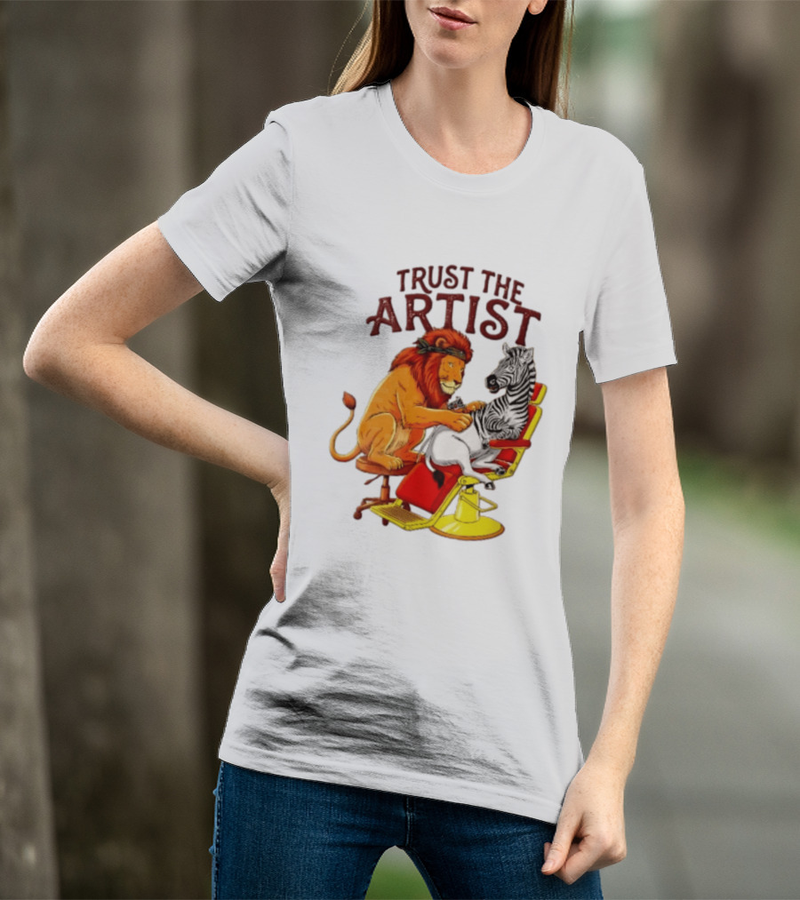 Trust The Artist Lion Tattooing Zebra In Barber Chair T-Shirt