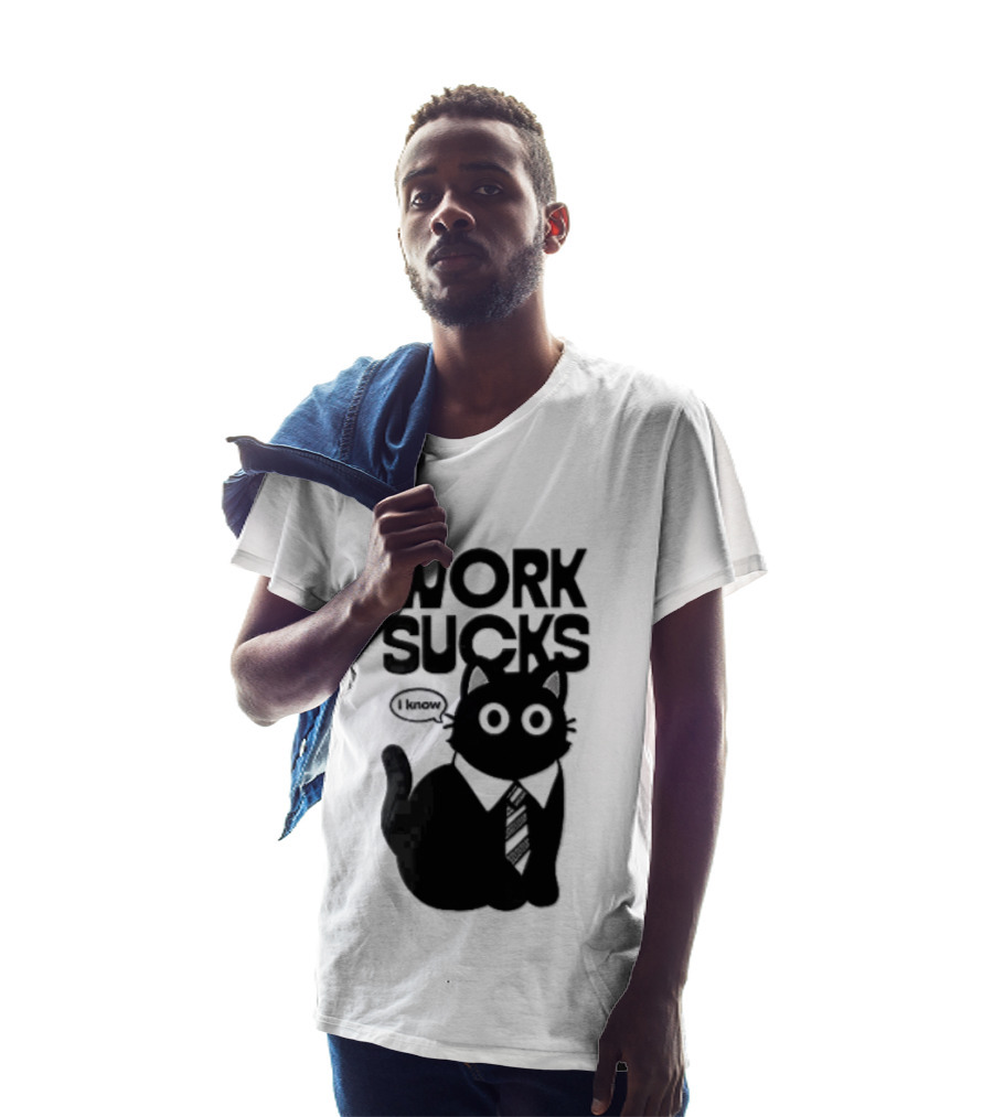 Work Sucks I Know Cartoon Black Cat T-Shirt