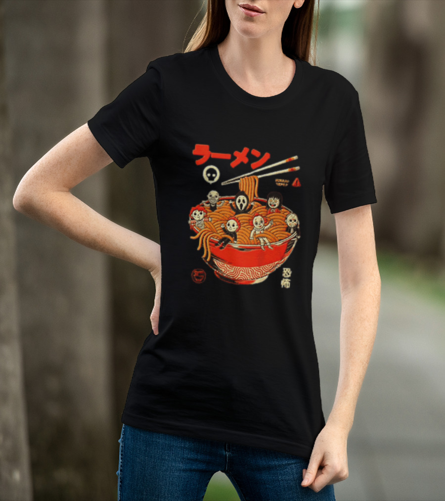 Chucky Ghostface Kayako Michael Myers Pennywise Jason Voorhees Ramen Horror Characters Eat Scream T-Shirt