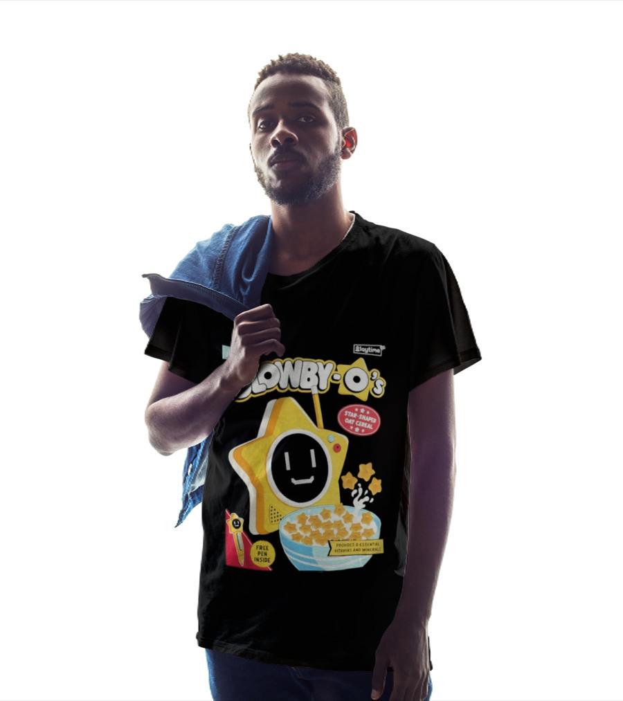NEW Playtime Co Glowby O's Star Shaped Oat Cereal Box With Smiling Star And Bowl Of Cereal Bites T-Shirt