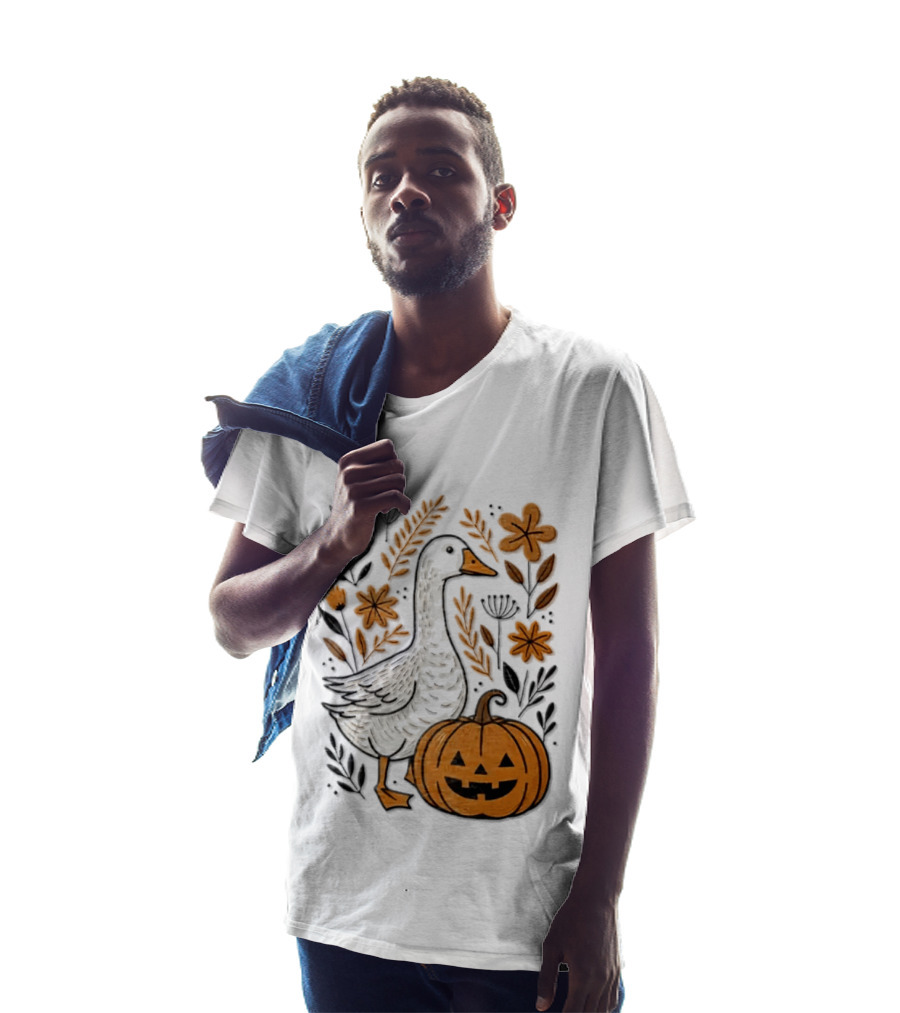 Goose With Jack O' Lantern Pumpkin Autumn Leaves And Flowers T-Shirt