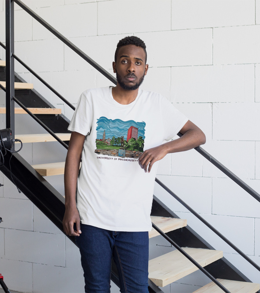 University Of Massachusetts Landmark Campus Scene Tower And Trees T-Shirt