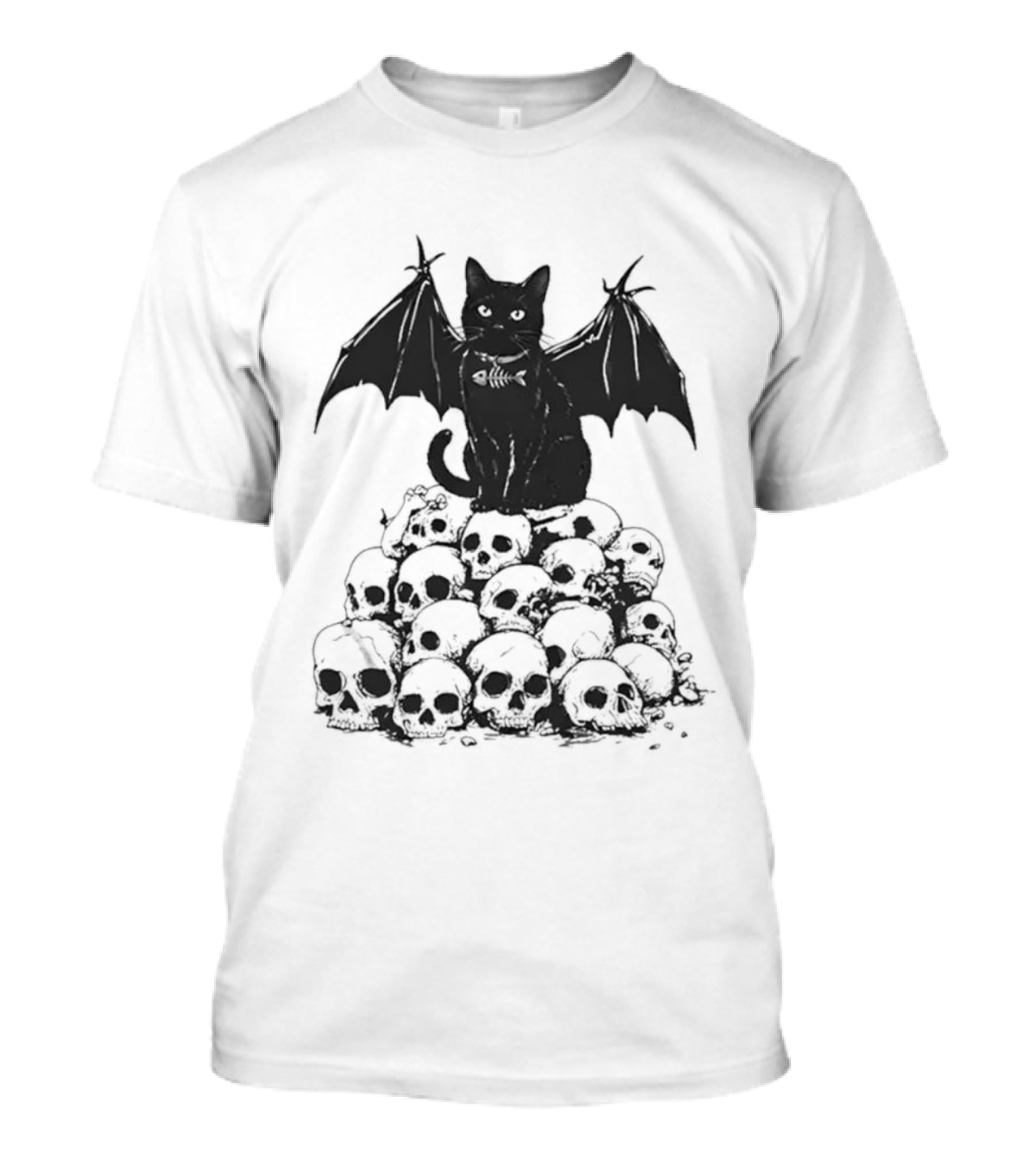Black Bat Cat Sitting On Human Skulls T-Shirt