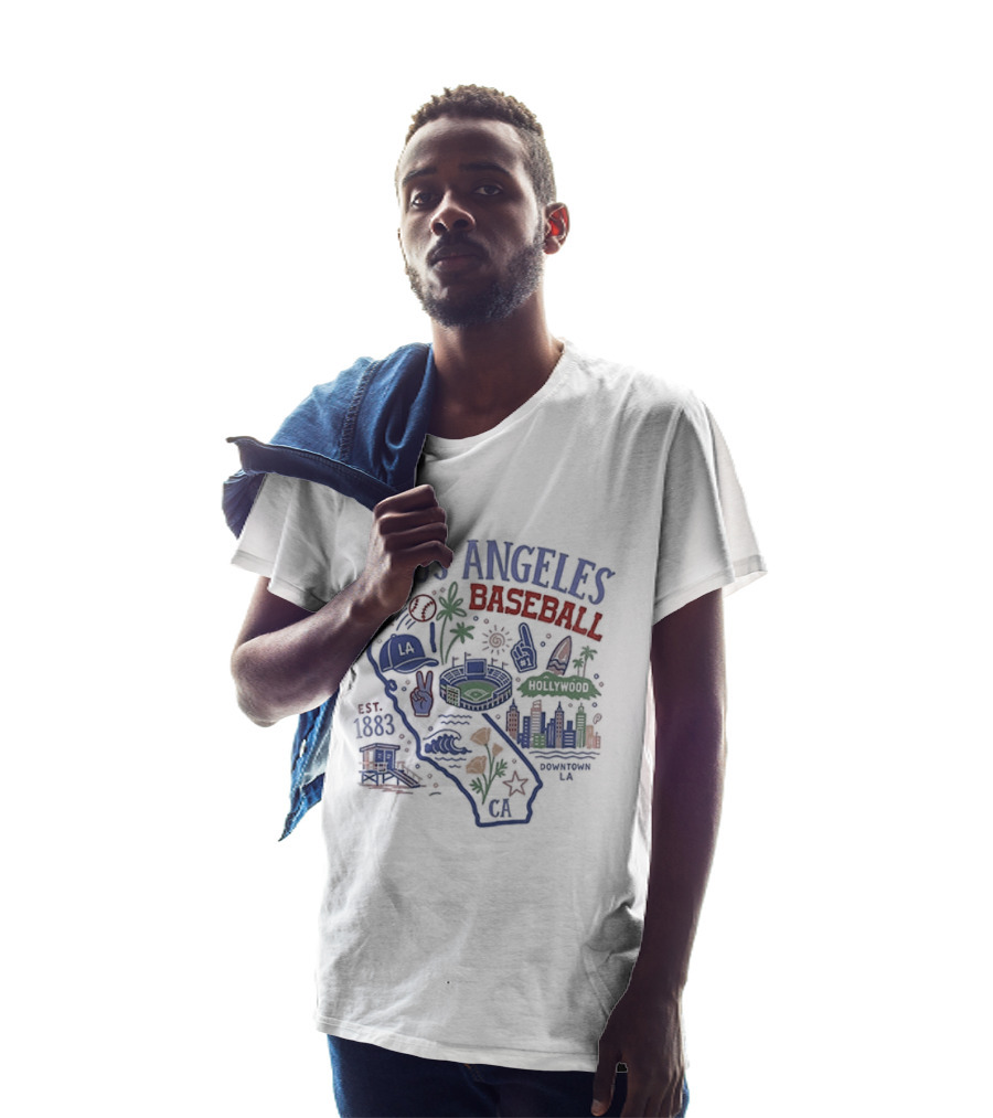 Los Angeles Baseball Est 1883 California Map Stadium And Poppy Flowers T-Shirt