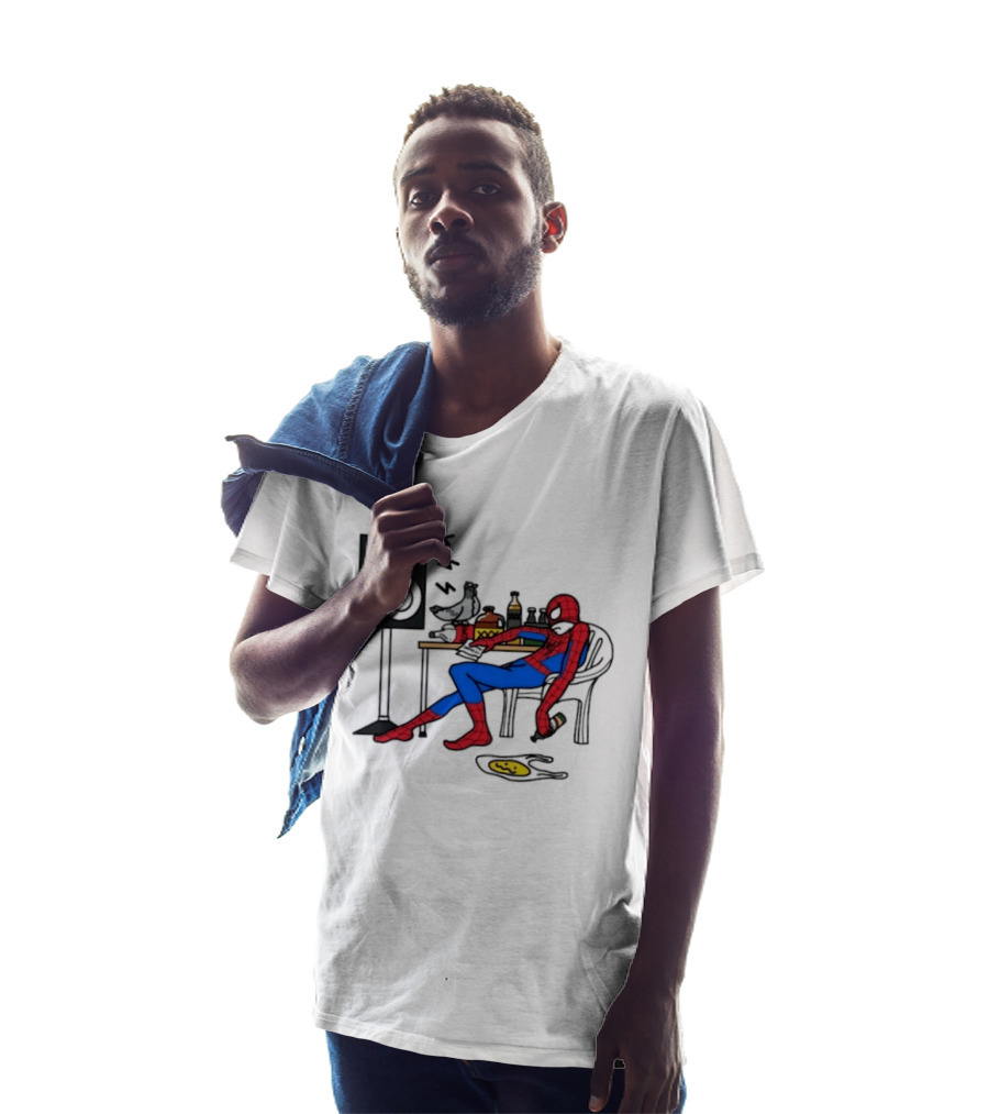 Spider Man Te Quiero Romo Drinking Marvel Speaker Table Scene T-Shirt