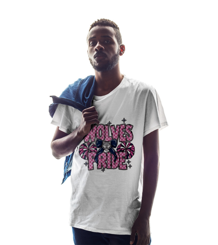 Wolves Pride Pink Checkered Cheerleading Pompoms And Wolf Bow T-Shirt