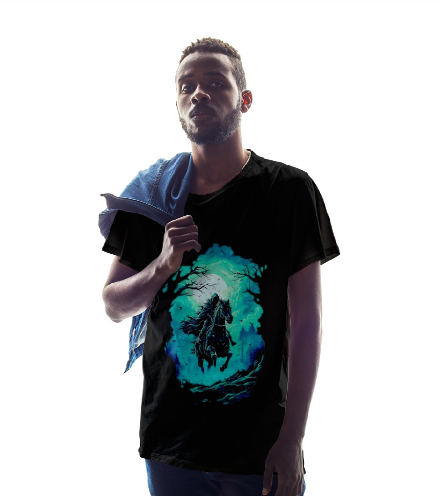Headless Horseman Eerie Night Ride Through Spooky Forest T-Shirt