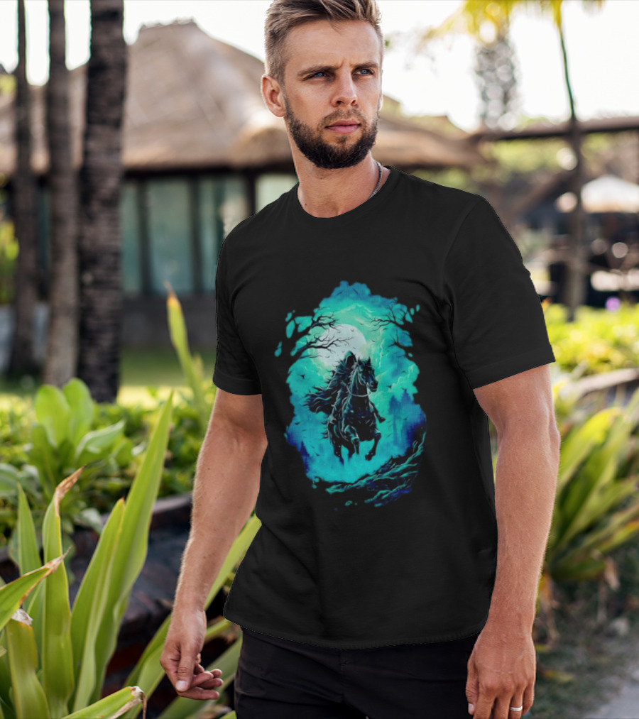Headless Horseman Eerie Night Ride Through Spooky Forest T-Shirt