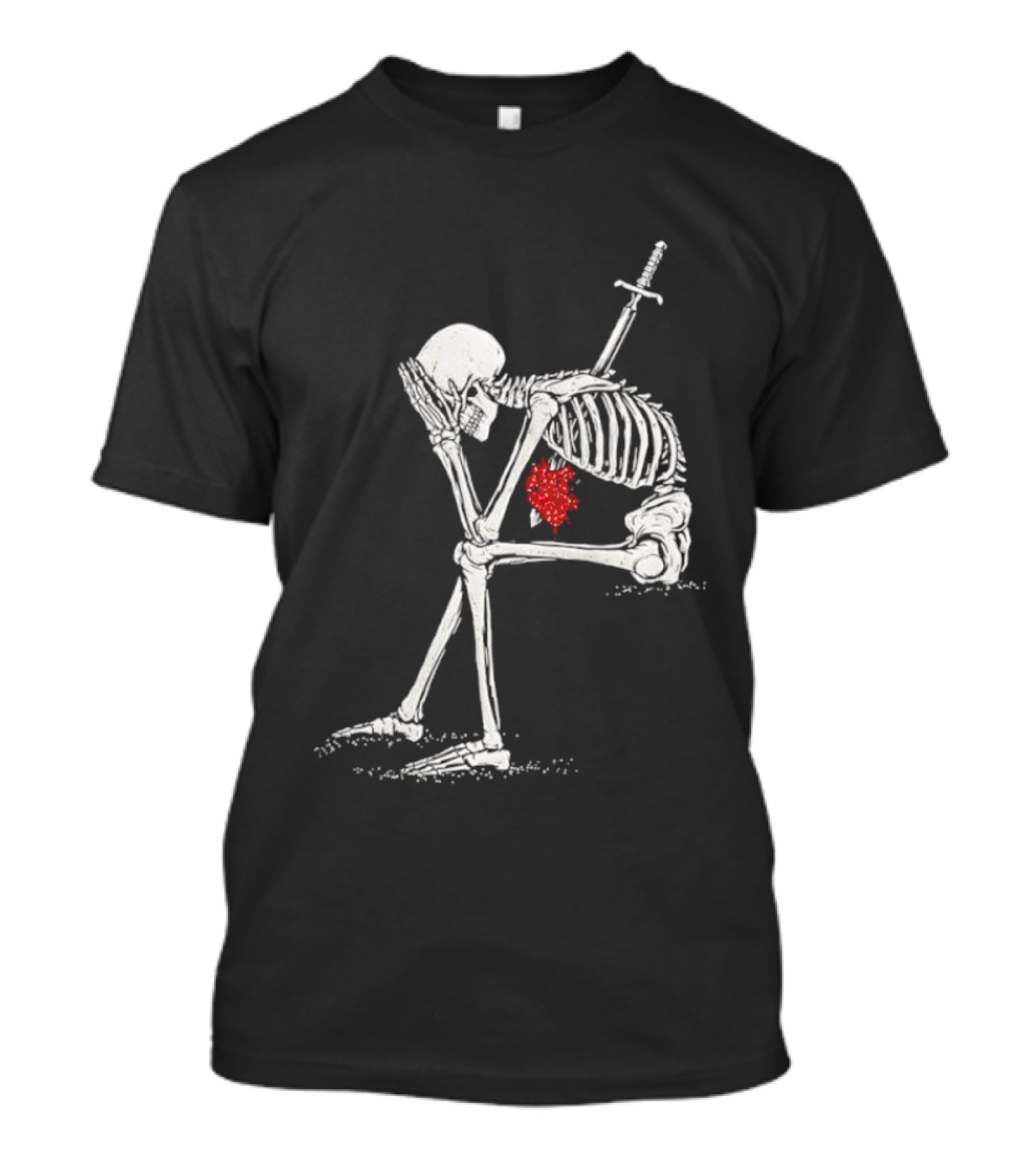 Sad Skeleton With Sword And Bleeding Heart Drawing T-Shirt