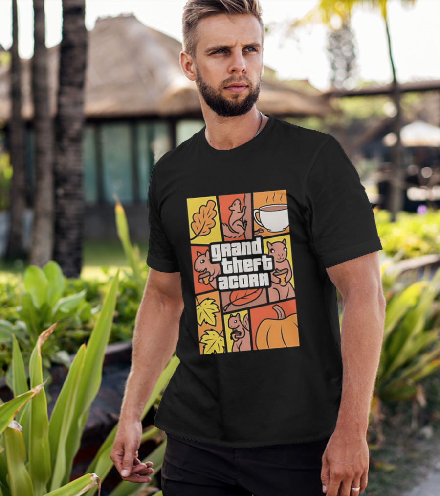 Grand Theft Acorn Autumn Squirrel Coffee Pumpkin Leaves T-Shirt