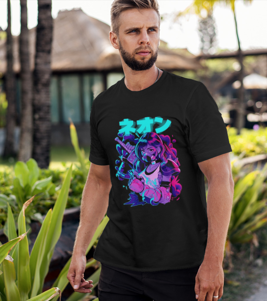 Neon Cyberpunk Anime Warrior Girl Futuristic Vaporwave Aesthetic T-Shirt
