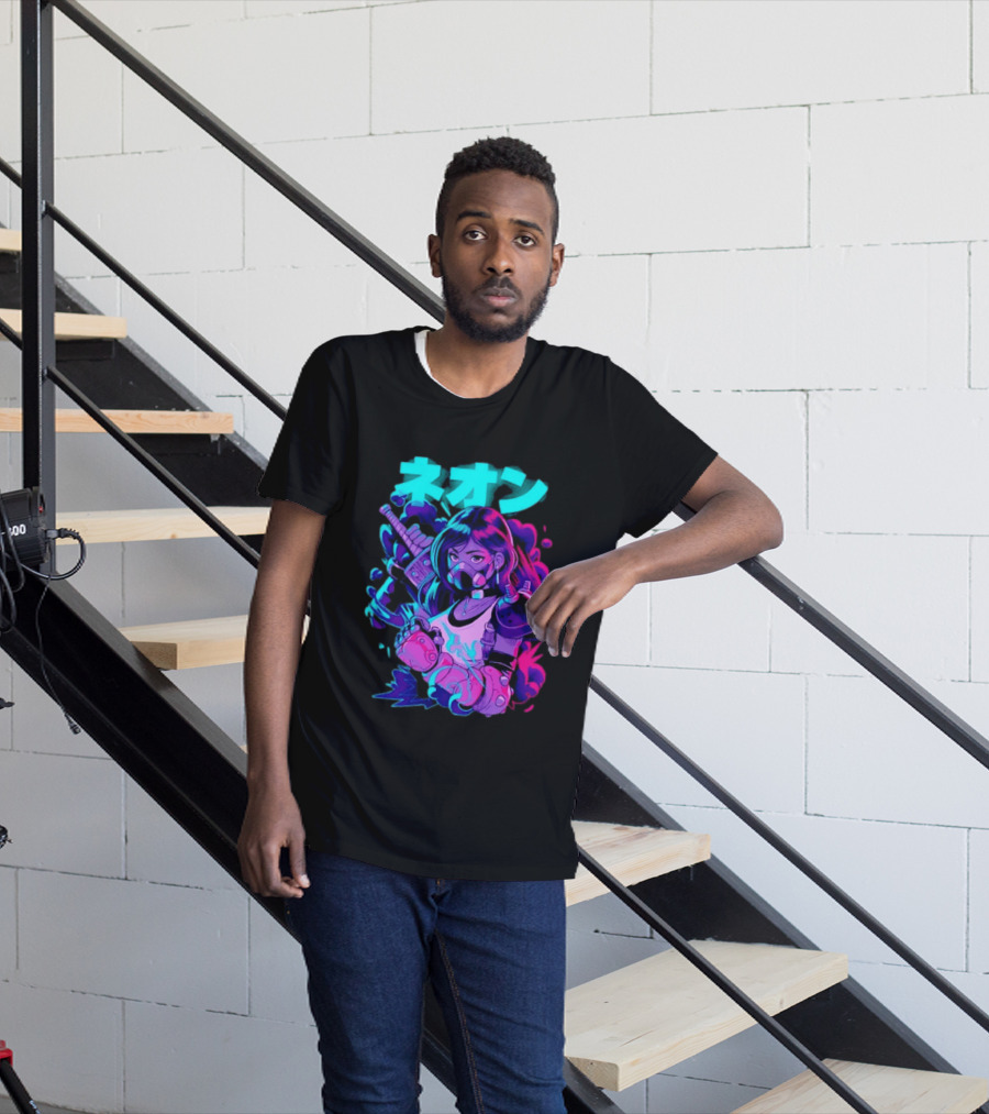 Neon Cyberpunk Anime Warrior Girl Futuristic Vaporwave Aesthetic T-Shirt