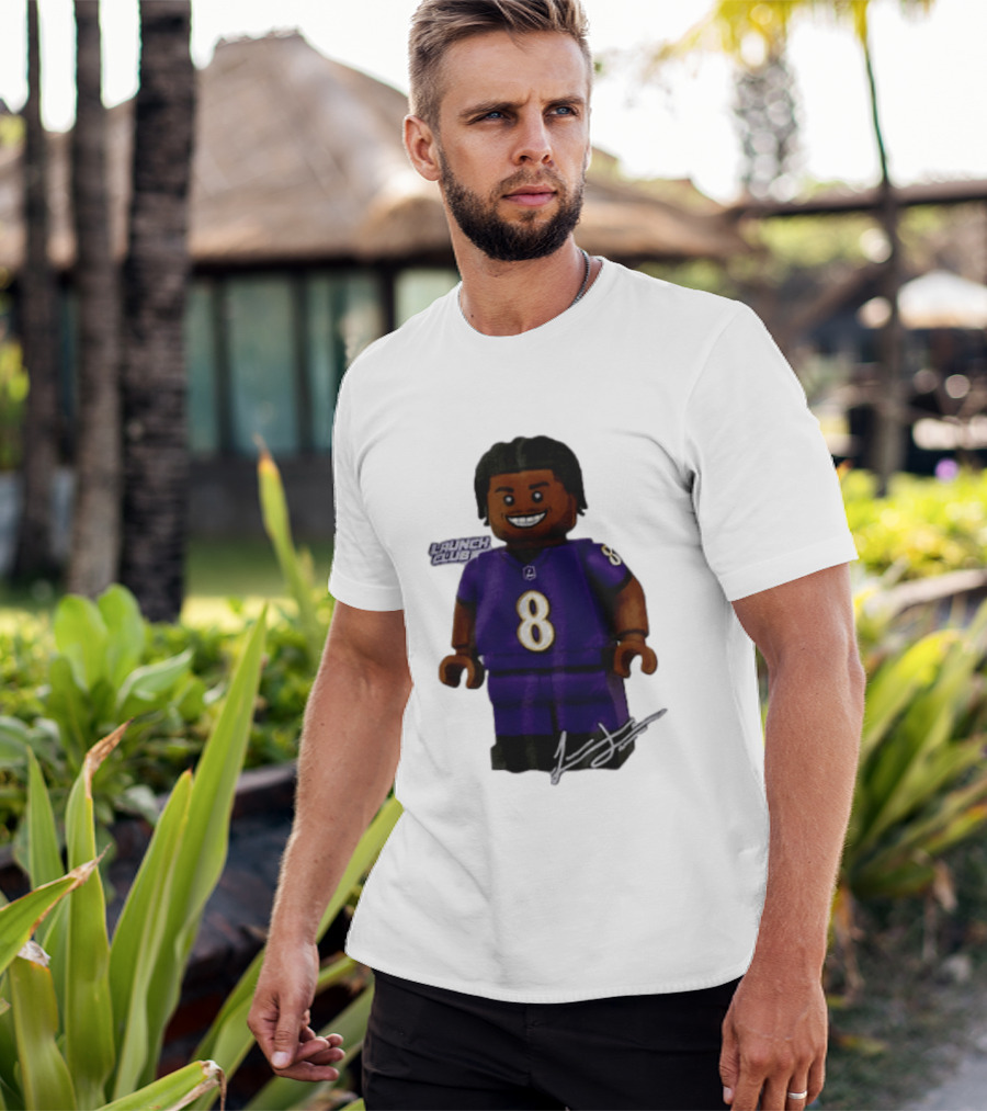 Baltimore Ravens Lamar Jackson Lego Minifigure Purple Jersey Number 8 T-Shirt