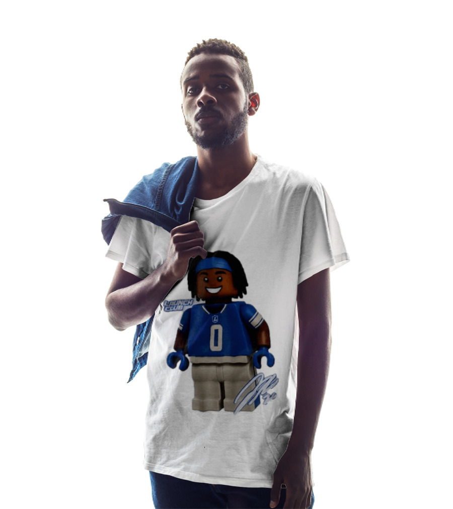 Detroit Lions Jahmyr Gibbs Lego Minifigure Launch Club Football Player T-Shirt