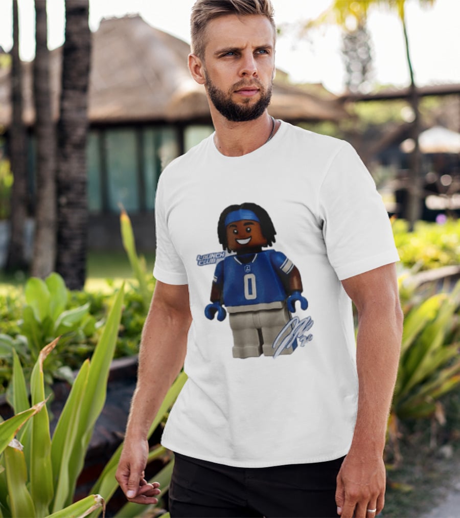 Detroit Lions Jahmyr Gibbs Lego Minifigure Launch Club Football Player T-Shirt