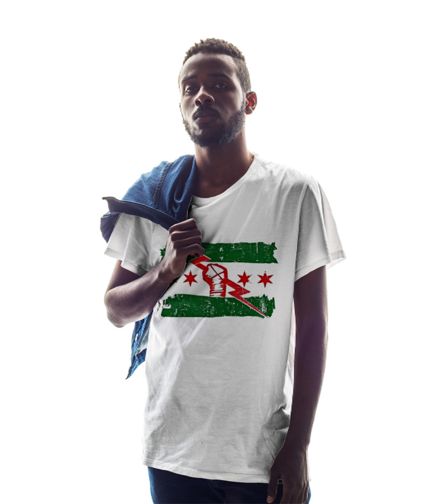 Chicago Flag Symbol Red Fist Lightning Bolt Green Distressed T-Shirt