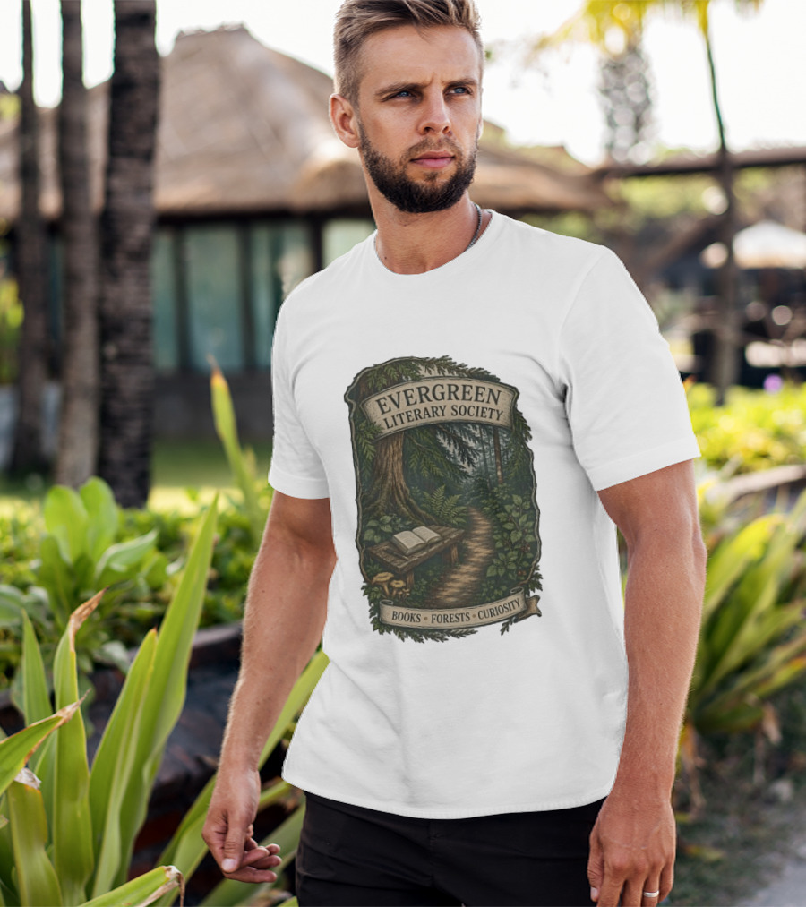 Evergreen Literary Society Books Forests Curiosity Pathway Through Trees T-Shirt