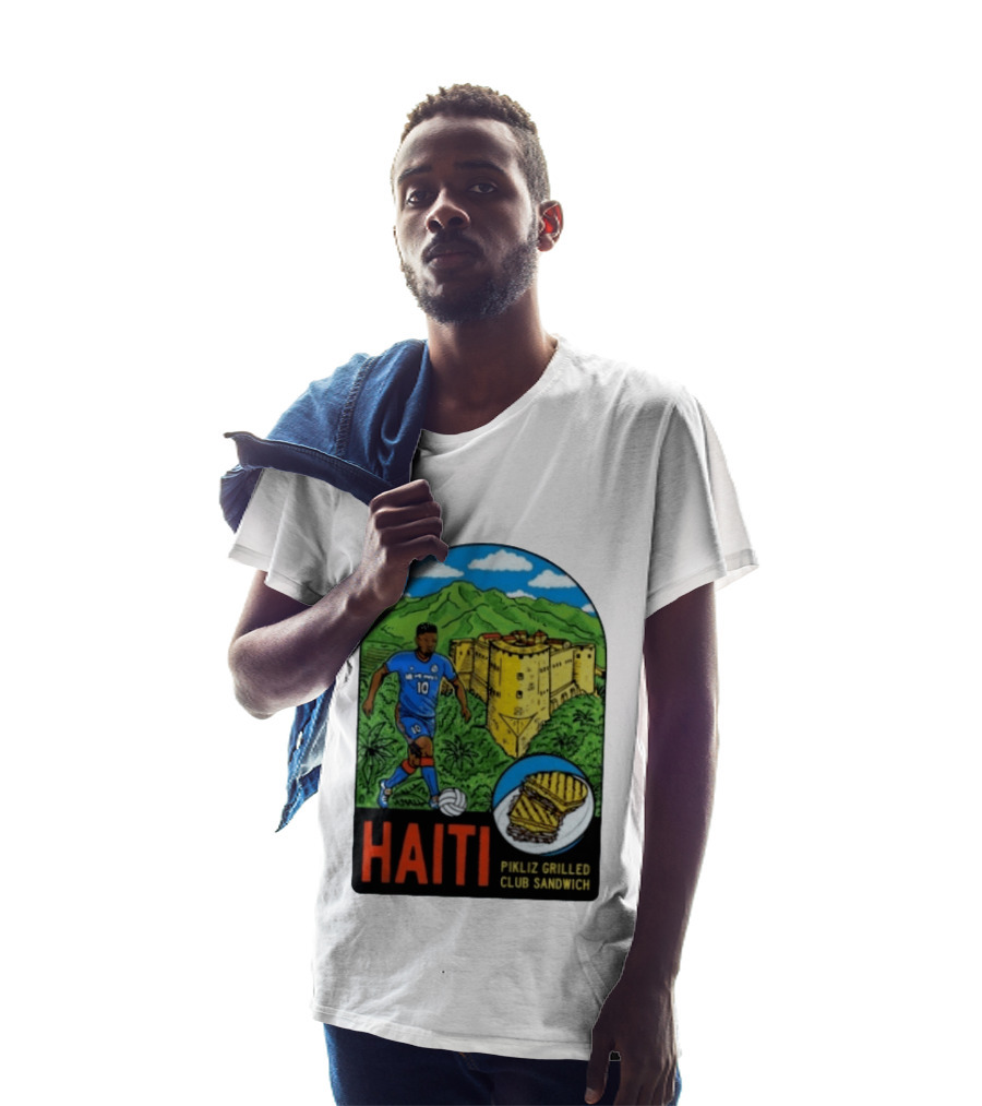 Haiti Soccer Player Pikliz Grilled Club Sandwich Historical Fortress Mountain Scene T-Shirt