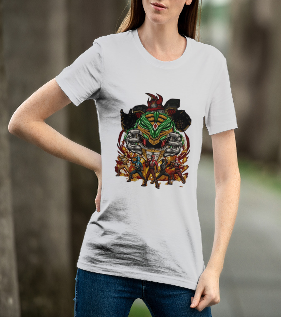 Mighty Morphin Power Rangers Green Ranger Dragonzord Helmet And Team Pose T-Shirt