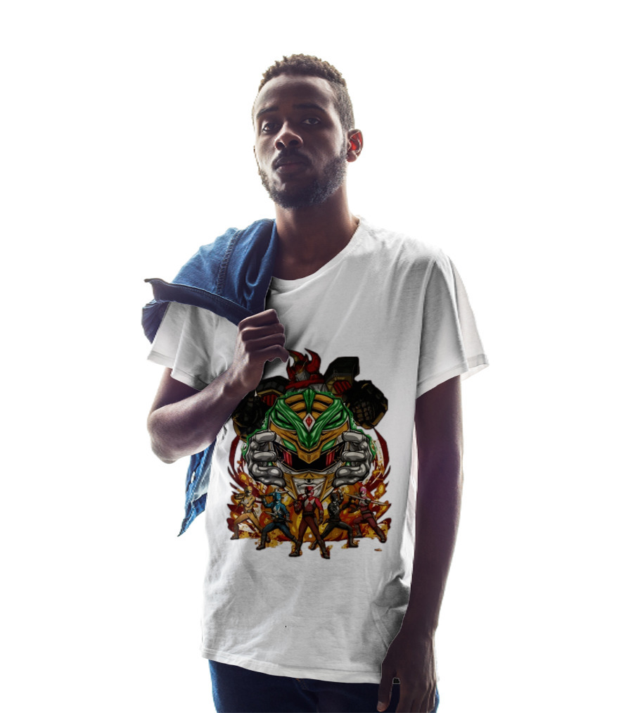 Mighty Morphin Power Rangers Green Ranger Dragonzord Helmet And Team Pose T-Shirt