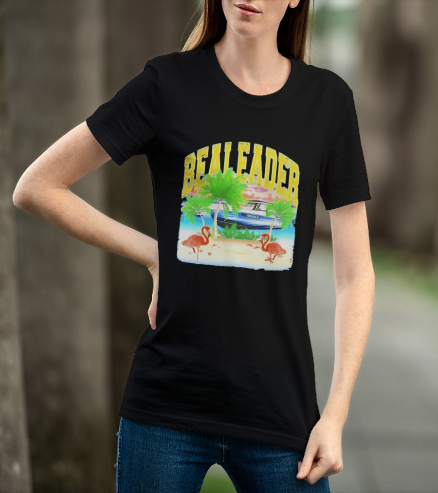 Bealeader Tropical Beach Scene With Palm Trees, Boat, And Flamingos T-Shirt