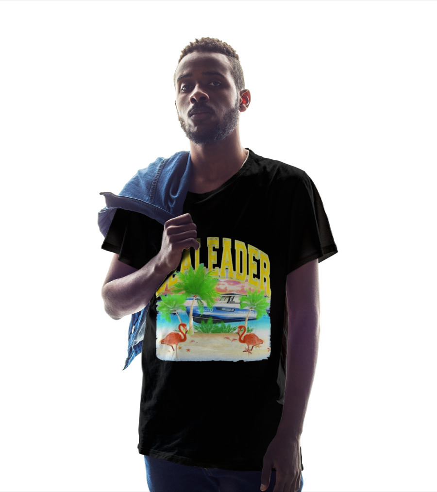 Bealeader Tropical Beach Scene With Palm Trees, Boat, And Flamingos T-Shirt