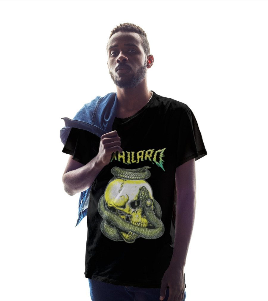 Exhilaro Venomous Serpent Coiled Around Yellow Human Skull T-Shirt