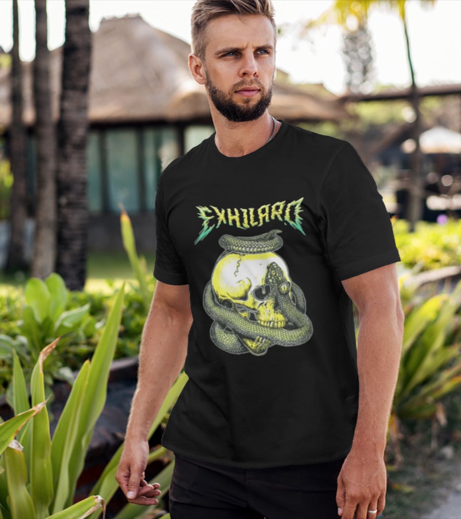 Exhilaro Venomous Serpent Coiled Around Yellow Human Skull T-Shirt