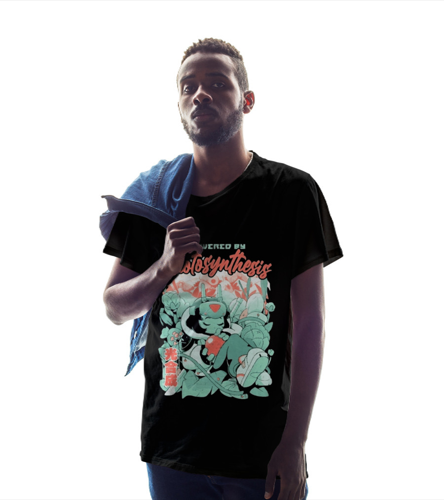 Powered By Photosynthesis Anime Kanji Characters And Cute Green Robot T-Shirt
