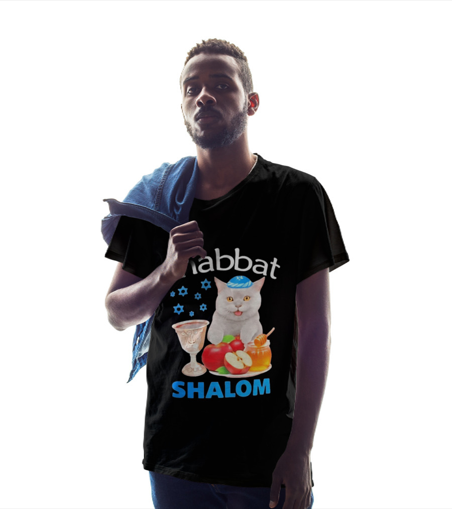 Shabbat Shalom Cat With Kippah Apples Honey And Wine Cup T-Shirt
